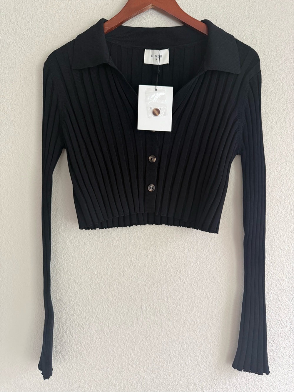 DISSH Black Rib Knit Polo Crop Button Up Top Sweater NWT Size S - Picture 2 of 10